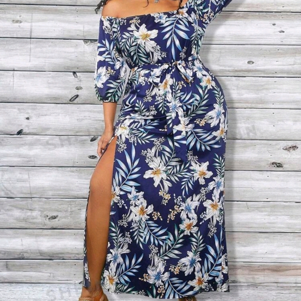 SHEIN 1XL TROPICAL PRINT SIDE SPLIT DRESS - Picture 3 of 13